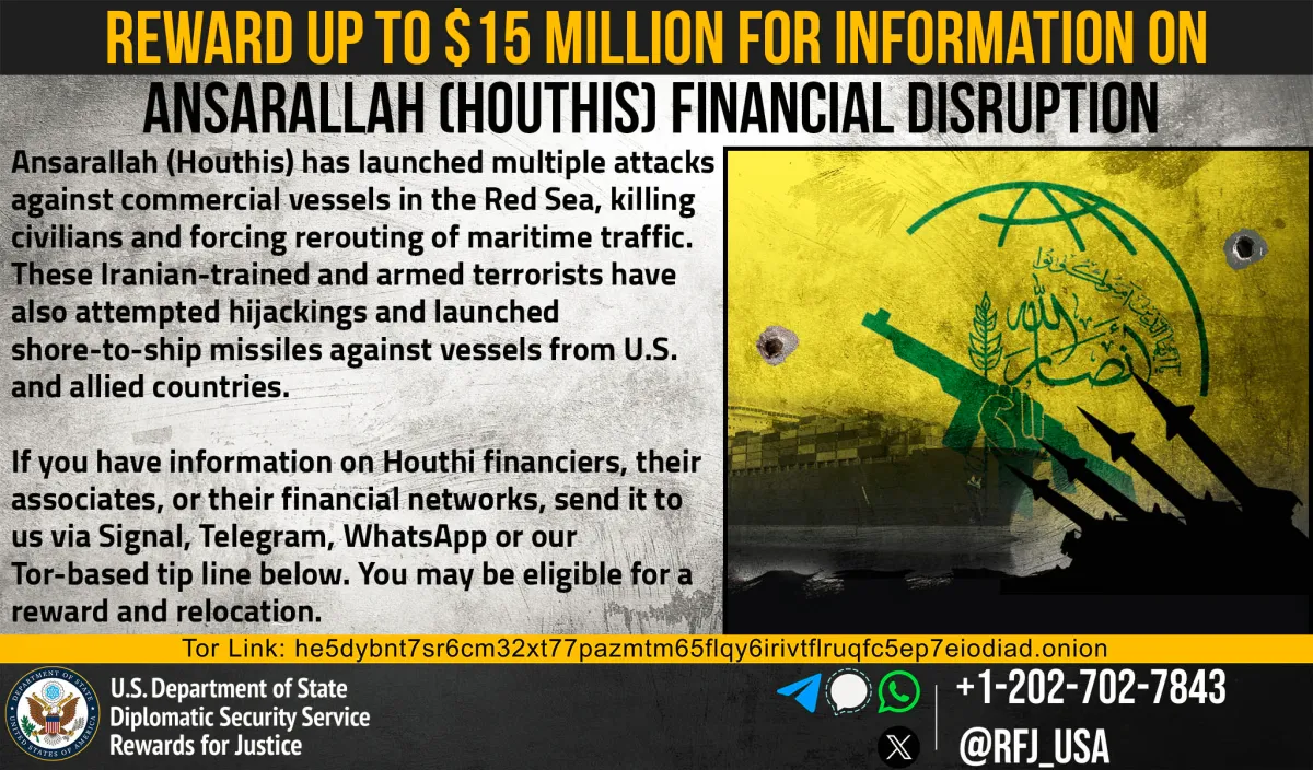 US gov't offers $15 million reward for providing crucial Houthi tips